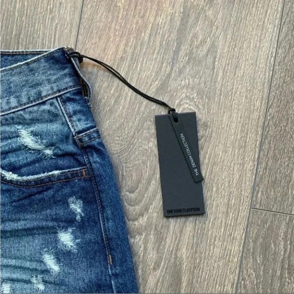 One Teaspoon High Waist Bonita Jean Shorts Blue Fringe Distressed Denim Cutoffs - Picture 13 of 15